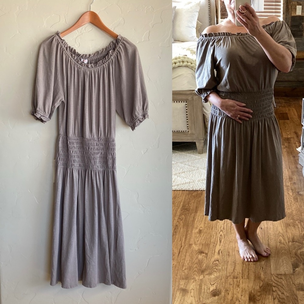 Sundry Smocked Waist Western Beachy Midi Dress Taupe